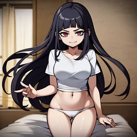 manhua style, young woman, black hair, dark blue jeans, white shirt, bottom heavy, full body shot, wide thighs, wide hips, toned belly, long hair, 160cm in height, open clothing, relaxed, bedroom scene, smirk.**