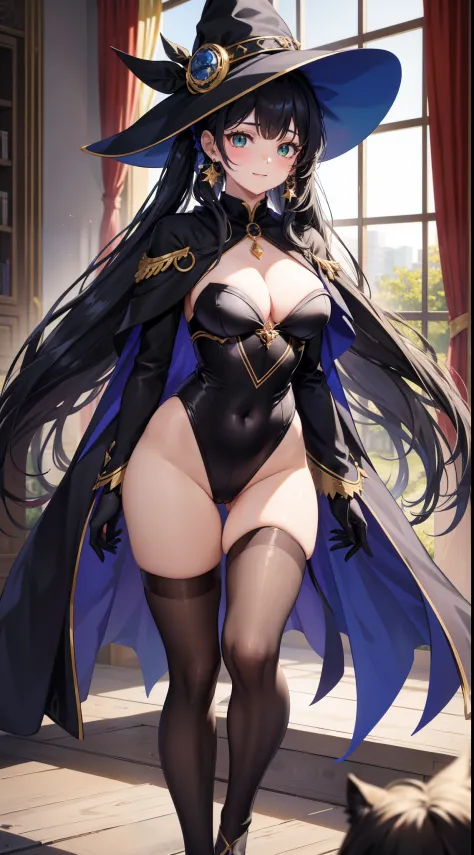 1girl, twintails, long hair, witch hat, pantyhose,gloves, black hair, choker, jewelry, cape, gold trim, blue leotard,earrings, detached sleeves, star (symbol), hat ornament, green eyes, fur collar, parkle print, sorriso sexy, decote, apalpando os seios, so...