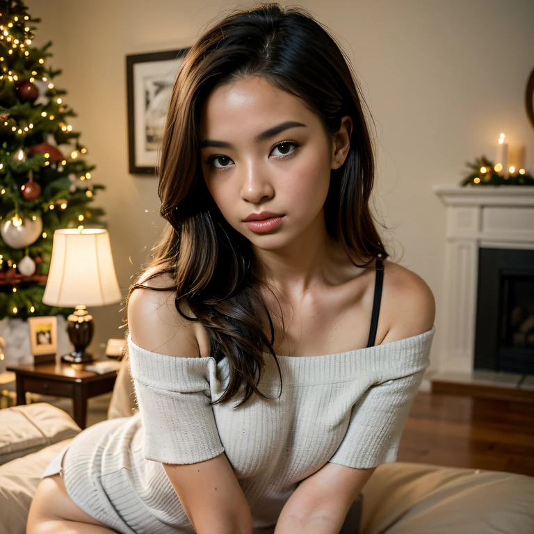 1 woman, 2, named Kimmie Miso, Wearing off-the-shoulder clothing, warm clothes, celebrate christmas eve. With eyes of beautiful detail, Beautiful detailed lips, extra detailed face, and long eyelashes. This scene depicts a cozy indoor environment, Decorated with colorful ornaments and twinkling lights、brightly decorated christmas tree. the girl is sitting by the fireplace, enjoy the warmth, The room is warm, Golden light, Casts soft shadows on furniture and walls。. The colors of the artwork are vibrant and festive, mixed red, Green, and gold. The overall image quality is (Best Quality, 4K, 8K, hight resolution, masutepiece:1.2), Ultra-detailed, And (Realistic, Photorealistic, Photorealsitic:1.37), Studio Lighting, Sharp Focus, etc., Capture all the intricate details, from the girls&#39; From clothes and accessories to delicate Christmas tree decorations... This is a work that exudes fun.., Innocence, and expectations, perfectly captures the spirit of Christmas Eve, thighs, sexy pose,