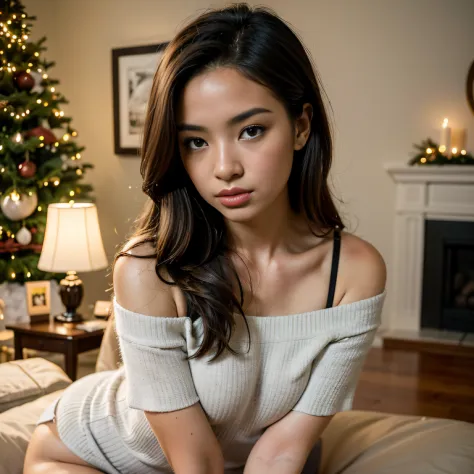 1 woman, 24 years old, named Kimmie Miso, Wearing off-the-shoulder clothing, warm clothes, celebrate christmas eve. With eyes of beautiful detail, Beautiful detailed lips, extra detailed face, and long eyelashes. This scene depicts a cozy indoor environmen...