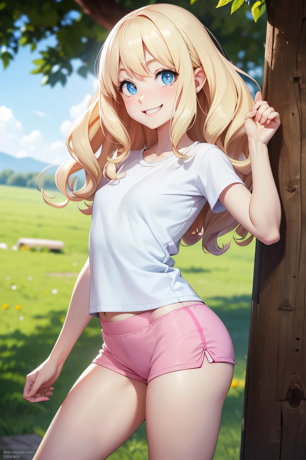 (best-quality:0.8), (best-quality:0.8), pale skin, long blonde hair, curly hair, light blue eyes, feminine, freckles, , outdoors, pink yoga shorts, white tshirt, smiling