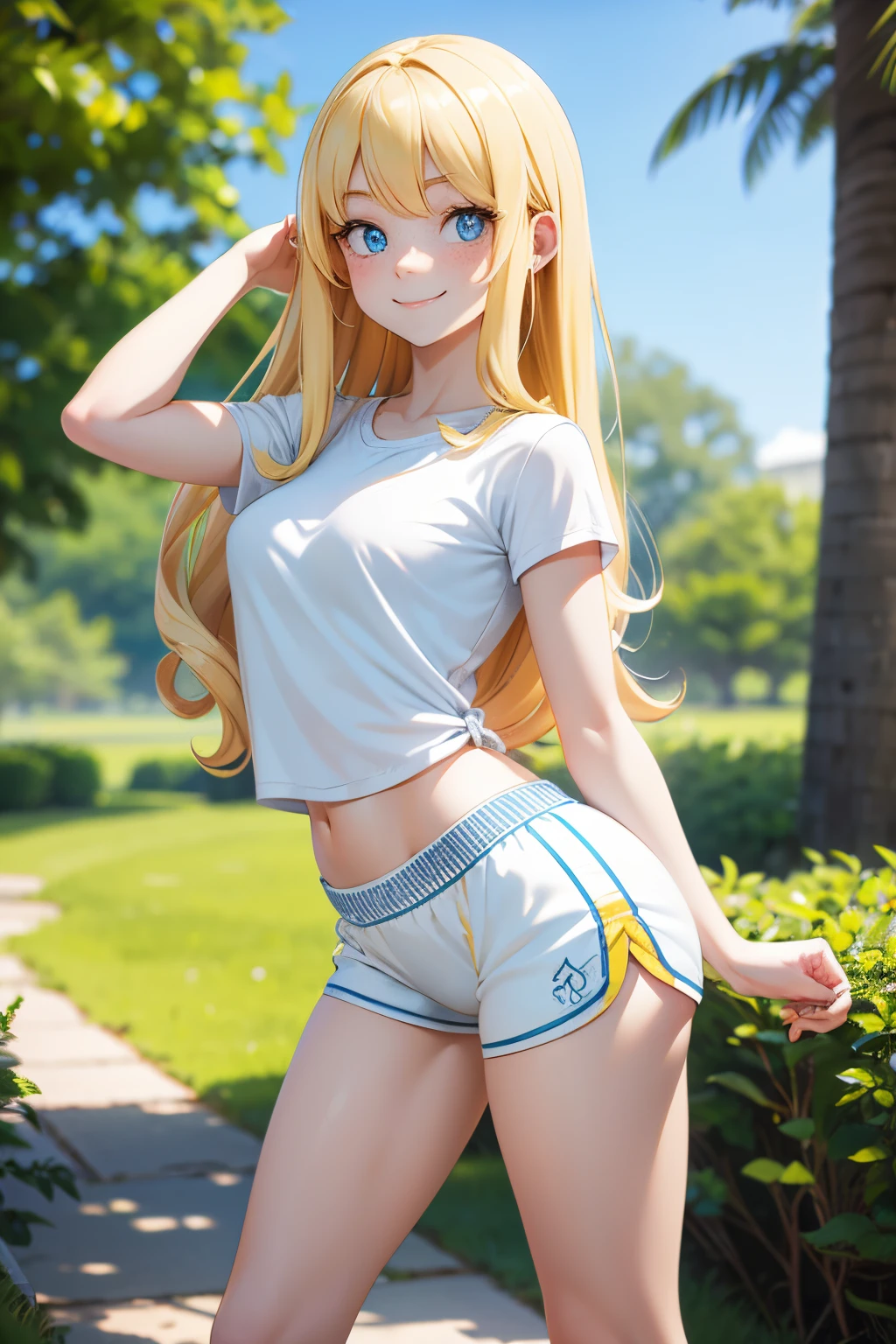 (best-quality:0.8), (best-quality:0.8), very pale skin, long blonde hair, curly hair, light blue eyes, feminine, freckles, , outdoors, white yoga shorts, yellow tshirt, smiling