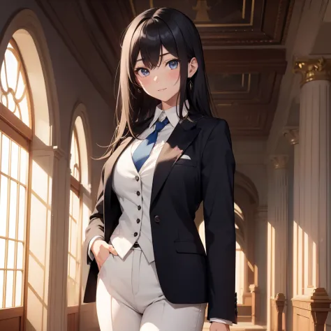 1girl , yukinoshita yukino , yukinoshita yukino,woman in formal attireactive suit tuxedo tailcoat standing in a large alcove in ...