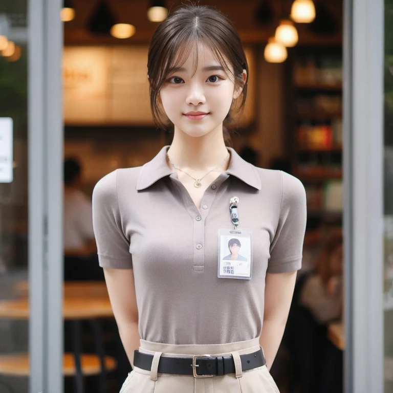 Araped woman in uniform standing in front of a store, Work Uniform, short sleeves, girl wearing uniform, Wearing a polo shirt, jk uniform, jaeyeon nam, Work Uniform, Lee Ji-eun, Izzy-silver(Lee Ji - Eun), Korean woman fashion model, Korean Girl, casual clothing style, Office clothes, Uniform, Official, students, Wearing the RR cafeteria uniform