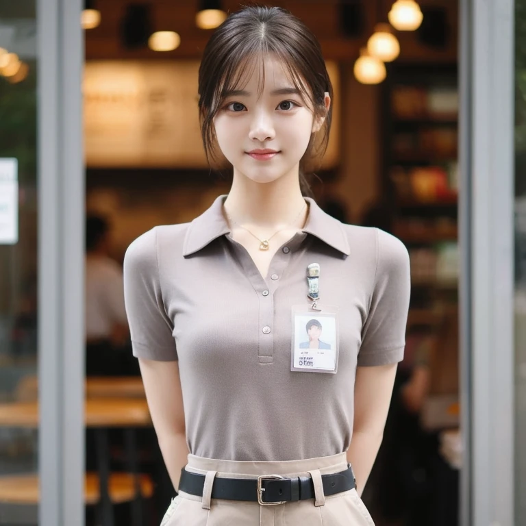 Araped woman in uniform standing in front of a store, Work Uniform, short sleeves, girl wearing uniform, Wearing a polo shirt, jk uniform, jaeyeon nam, Work Uniform, Lee Ji-eun, Izzy-silver(Lee Ji - Eun), Korean woman fashion model, Korean Girl, casual clothing style, Office clothes, Uniform, Official, students, Wearing the RR cafeteria uniform