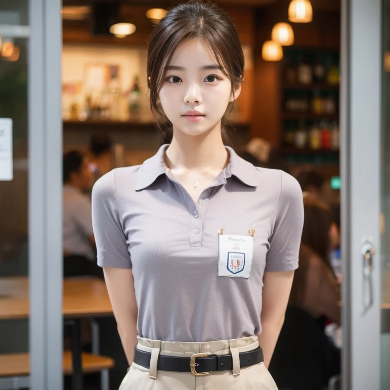 Araped woman in uniform standing in front of a store, Work Uniform, short sleeves, girl wearing uniform, Wearing a polo shirt, jk uniform, jaeyeon nam, Work Uniform, Lee Ji-eun, Izzy-silver(Lee Ji - Eun), Korean woman fashion model, Korean Girl, casual clothing style, Office clothes, Uniform, Official, students, Wearing the RR cafeteria uniform