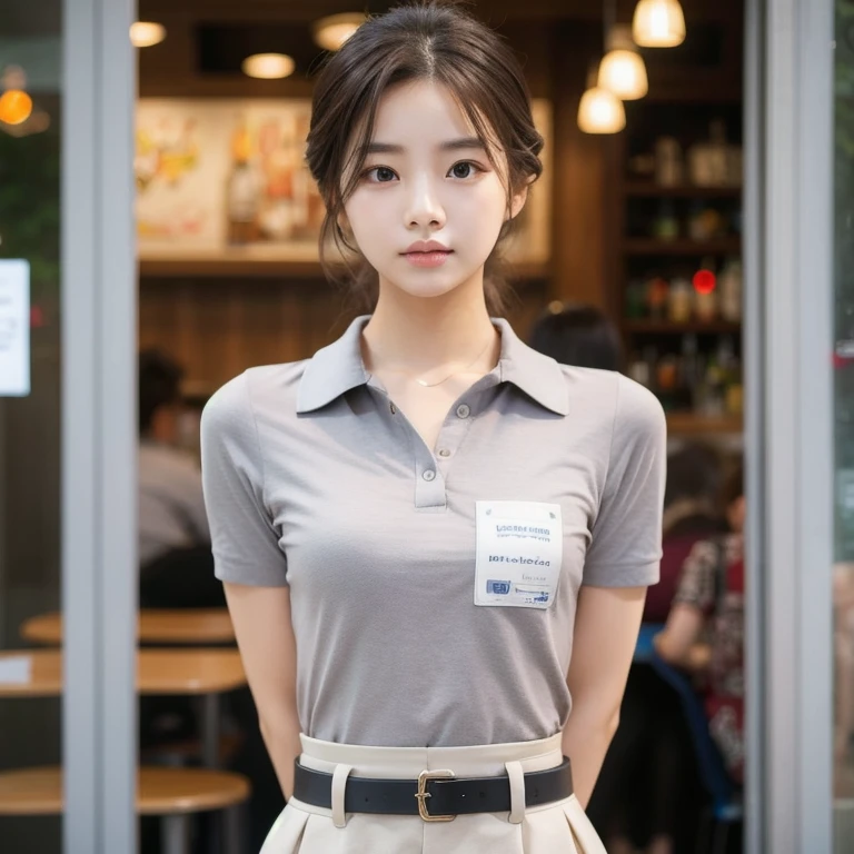 Araped woman in uniform standing in front of a store, Work Uniform, short sleeves, girl wearing uniform, Wearing a polo shirt, jk uniform, jaeyeon nam, Work Uniform, Lee Ji-eun, Izzy-silver(Lee Ji - Eun), Korean woman fashion model, Korean Girl, casual clothing style, Office clothes, Uniform, Official, students, Wearing the RR cafeteria uniform