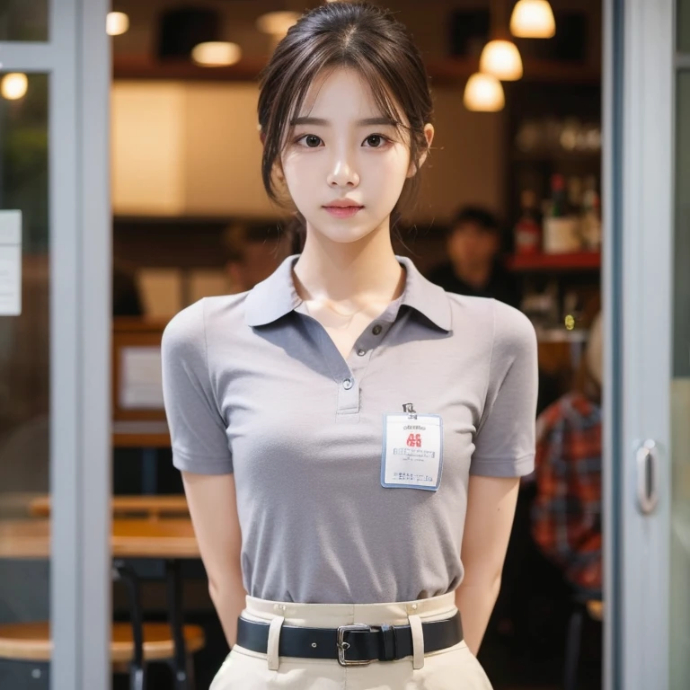 Araped woman in uniform standing in front of a store, Work Uniform, short sleeves, girl wearing uniform, Wearing a polo shirt, jk uniform, jaeyeon nam, Work Uniform, Lee Ji-eun, Izzy-silver(Lee Ji - Eun), Korean woman fashion model, Korean Girl, casual clothing style, Office clothes, Uniform, Official, students, Wearing the RR cafeteria uniform