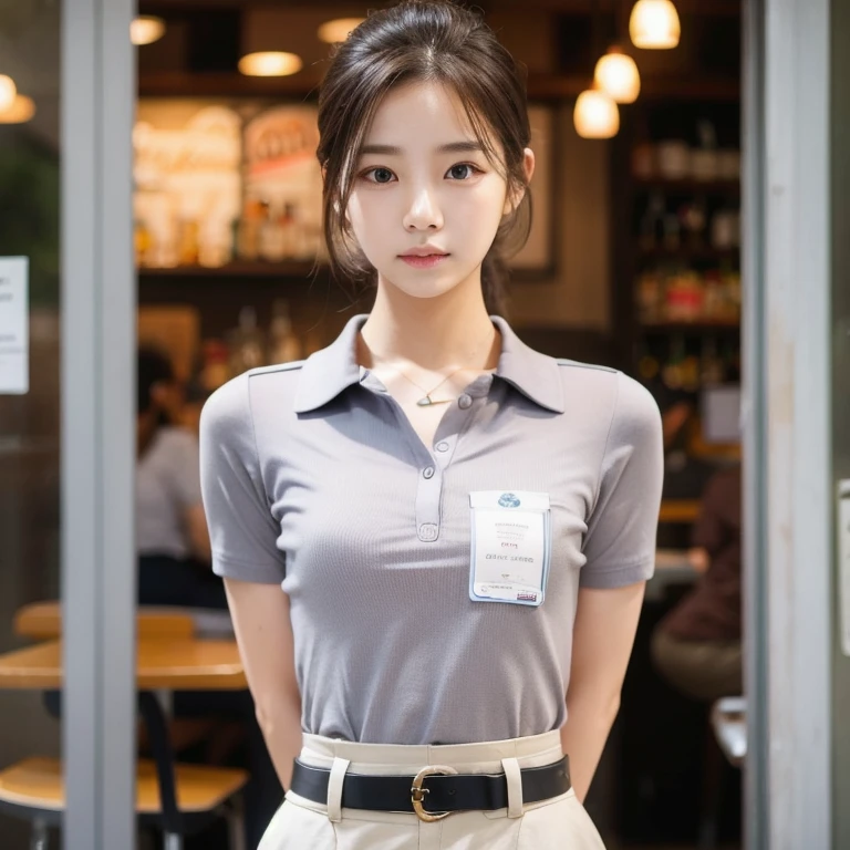 Araped woman in uniform standing in front of a store, Work Uniform, short sleeves, girl wearing uniform, Wearing a polo shirt, jk uniform, jaeyeon nam, Work Uniform, Lee Ji-eun, Izzy-silver(Lee Ji - Eun), Korean woman fashion model, Korean Girl, casual clothing style, Office clothes, Uniform, Official, students, Wearing the RR cafeteria uniform