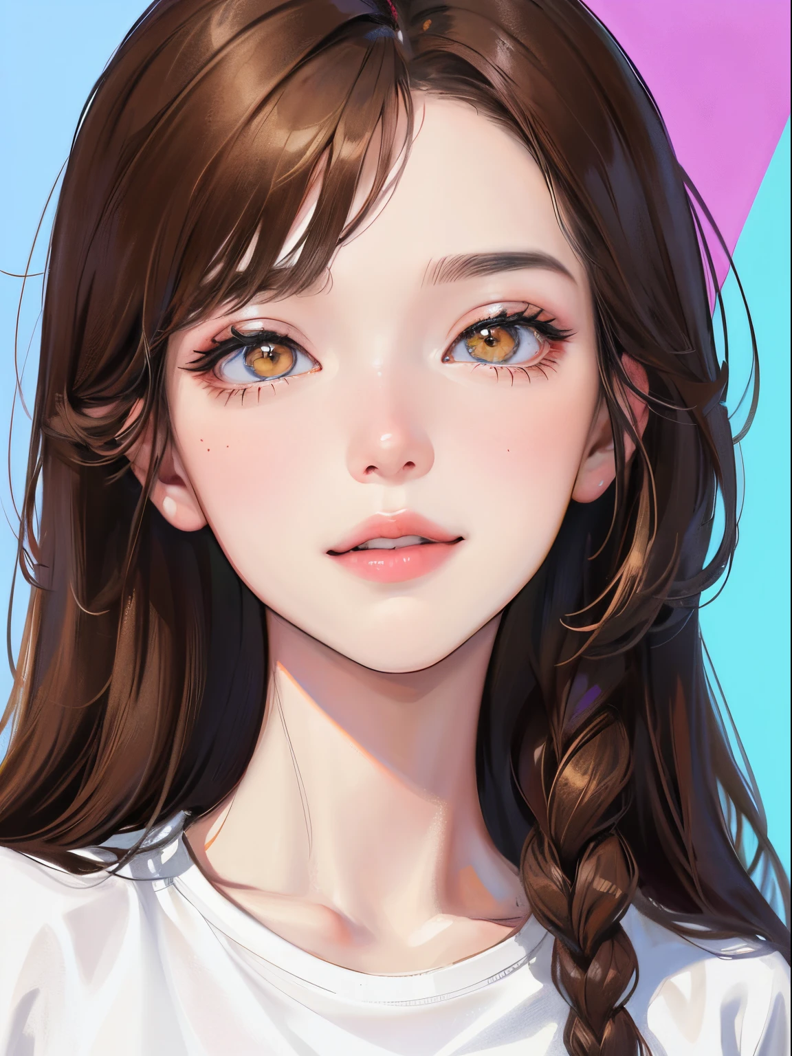 (((1人の女性)))、(Top resolution、Distinct_image) best qualtiy、(((Pop)))、1990's、((colorful backdrop))、((illuminating))、ighly detailed、Semi-realistic、Brown hair、((makeups)),Braided hairstyle、A smile、bangss、20yr old、年轻、((tshirts))、delicated facial features、Facial features、View from below