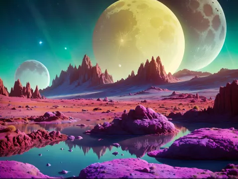 a lush alien landscape on a ringed planet with a moon in the sky, vivid colorful clouds, strange, sci-fi, ray tracing, detailed ...