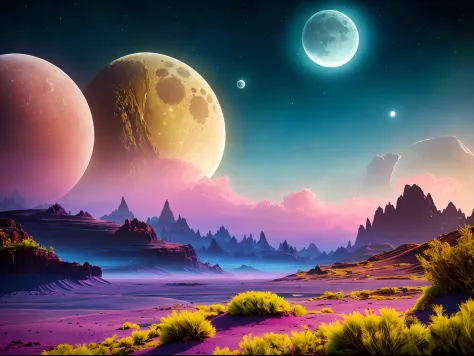 a lush alien landscape on a ringed planet with a moon in the sky, vivid colorful clouds, strange, sci-fi, ray tracing, detailed ...