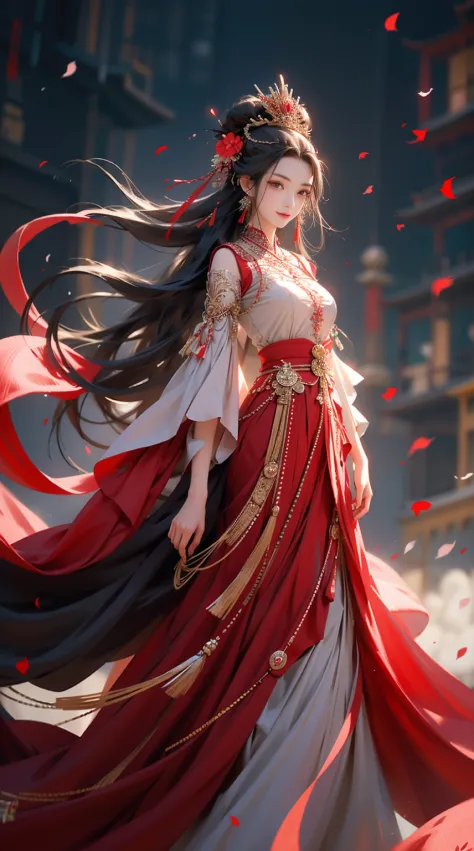 1 busty girl, alone, long gray hair, petals, falling flower petals, jewely, a skirt, hair adornments, red dress, chinese clothes...