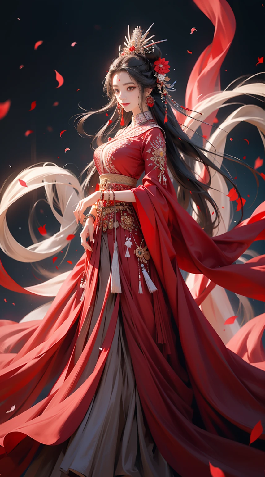 1 busty girl, Alone, Long gray hair, petals, falling flower petals, jewely, a skirt, hair adornments, Red dress, Chinese clothes, black hair color hair, bangle, longer sleeves, red eyes, woven, Forehead imprints, close your mouth, looking at viewert, Traces of smile on face,Nice face,exquisite facial features,