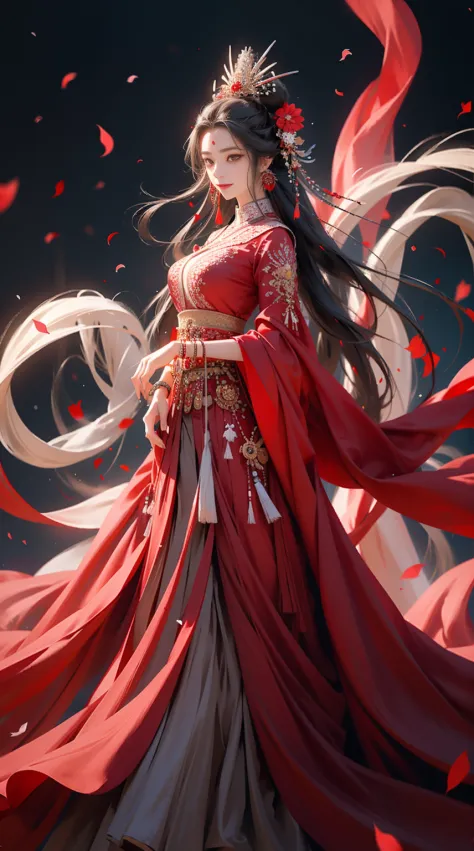 1 busty girl, Alone, Long gray hair, petals, falling flower petals, jewely, a skirt, hair adornments, Red dress, Chinese clothes...