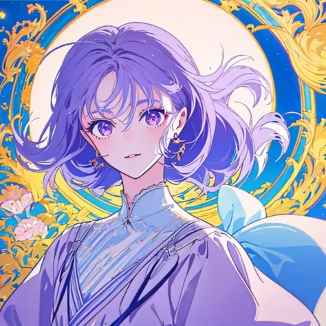 (Poster Illustration), A beautiful girl with light purple hair and a white dress is smiling brightly, dressed like a queen.. In ...