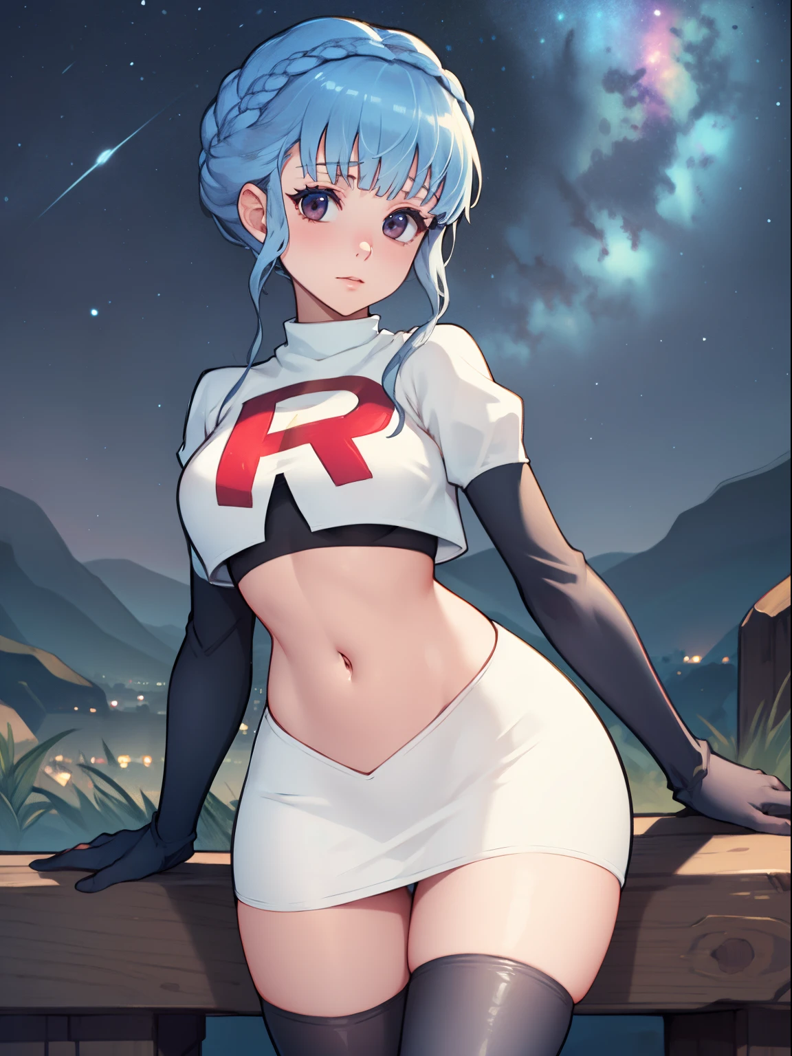 marianne von edmund, team rocket uniform, red letter R, white skirt,white crop top,black thigh-high boots, black elbow gloves, looking at viewer, cowboy shot, sexy pose, night sky background