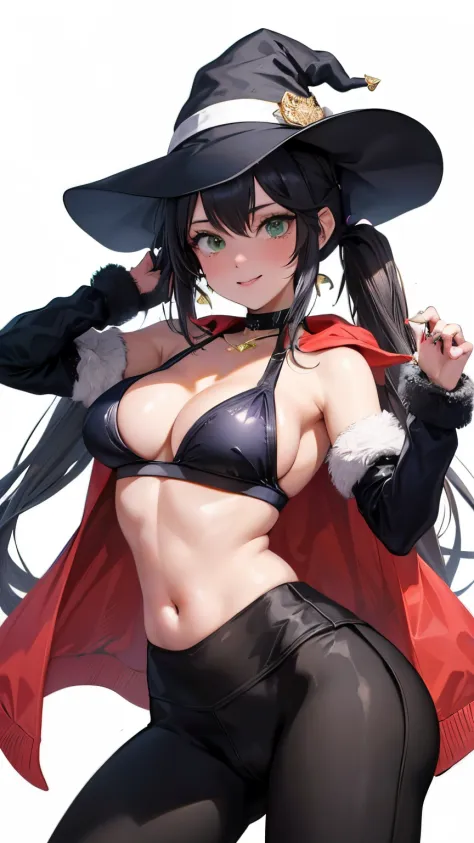 outfit-stretching, yoga pants, 1girl, twintails, long hair, witch hat, pantyhose,gloves, black hair, choker, jewelry, cape, gold trim, blue leotard,earrings, detached sleeves, star (symbol), hat ornament, green eyes, fur collar, parkle print, sorriso sexy,...