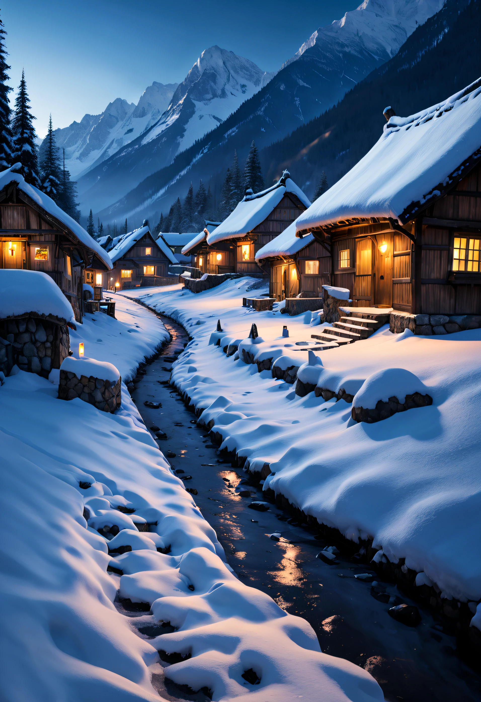 Une scène matinale hivernale sereine dans une région montagneuse, où les maisons traditionnelles au toit de chaume sont recouvertes de neige. La lueur chaleureuse des lumières des fenêtres suggère une atmosphère chaleureuse à l&#39;intérieur, contrastant avec les tons bleus froids du paysage enneigé. L'obscurité du ciel matinal et de l'environnement environnant accentue l'illumination des maisons. Il y a un soupçon de présence humaine dans cette zone isolée, comme en témoignent les lumières et les sentiers battus dans la neige.