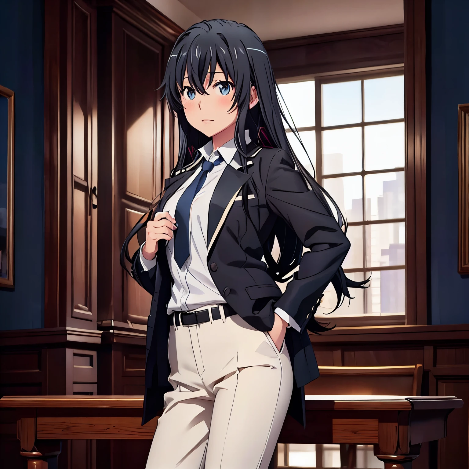 1GIRL , Yukinoshita yukino , Yukinoshita yukino,woman in formal attireactive suit tuxedo tailcoat standing in a large alcove in the room, 1girl, solo, necktie, black hair, blue eyes, long hair, smile, jacket, looking at viewer, shirt, pants, blue necktie, collared shirt, white pants, white shirt, indoors, bangs, long sleeves, closed mouth, window, black jacket, blush, cowboy shot, formal, suit, full body