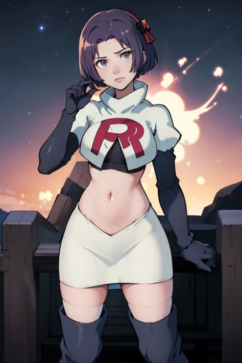 warBernie, hair bow, grey eyes, purple hair, team rocket uniform, red letter R, white skirt,white crop top,black thigh-high boots, black elbow gloves, looking at viewer, cowboy shot, sexy pose , night sky background