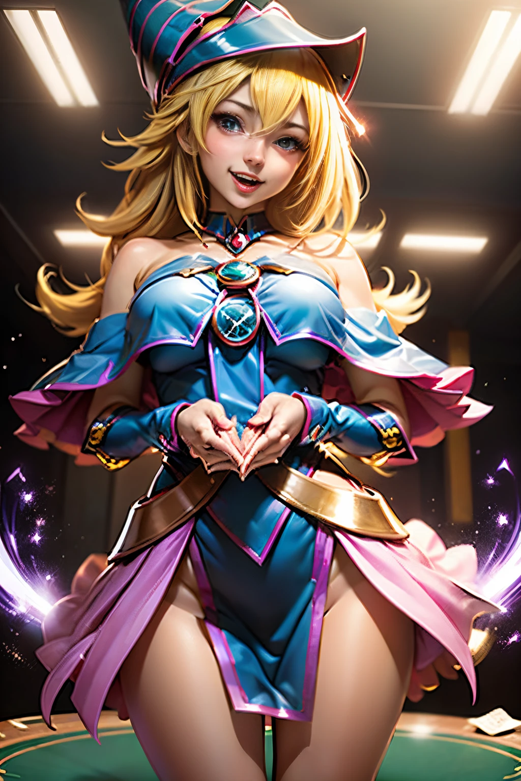 (Masterpiece:1.2), (Best Quality:1.2), Perfect lighting, The dark magician girl (Casting Spells: 1.3), in her 20s, (floating in the air: 1.3), Visible medium breasts, transparent neckline,  challenging. Poker face,laughing. From above, sparkles, (Hands with magical effects: 1.4 )Magic in your hands, Background to the apocalypse、a blonde、Magic at your fingertips