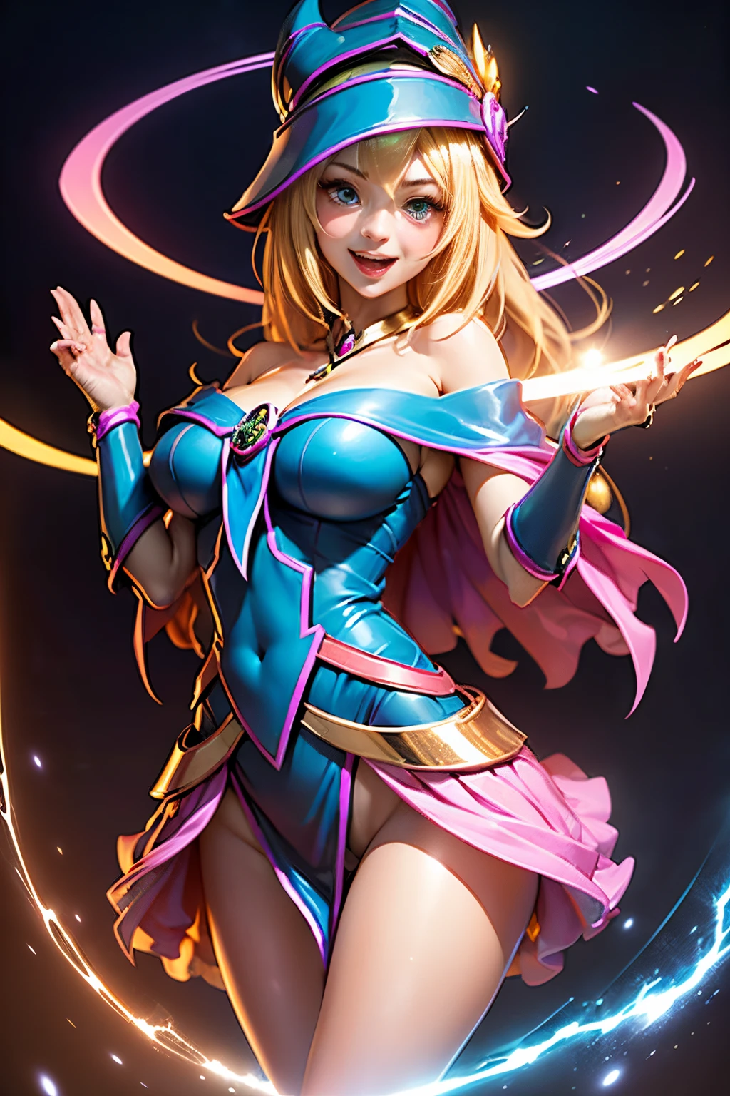 (masterpiece:1.2), (Best Quality:1.2), perfect lighting, The dark magician girl (Casting Spells: 1.3), in her 20s, (floating in the air: 1.3), Visible medium breasts, transparent neckline,  challenging. Poker face,laughing. from above, Sparkles, (Hands with magical effects: 1.4 )Magic in your hands, Background to the apocalypse、a blonde、Magic at your fingertips