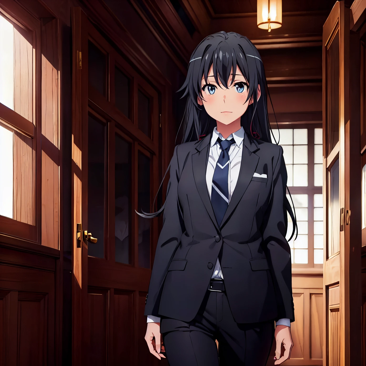 1GIRL , Yukinoshita yukino , Yukinoshita yukino,woman in formal attireactive suit tuxedo tailcoat standing in a large alcove in the room, 1girl, solo, necktie, black hair, blue eyes, long hair, smile, jacket, looking at viewer, shirt, pants, blue necktie, collared shirt, white pants, white shirt, indoors, bangs, long sleeves, closed mouth, window, black jacket, blush, cowboy shot, formal, suit, full body