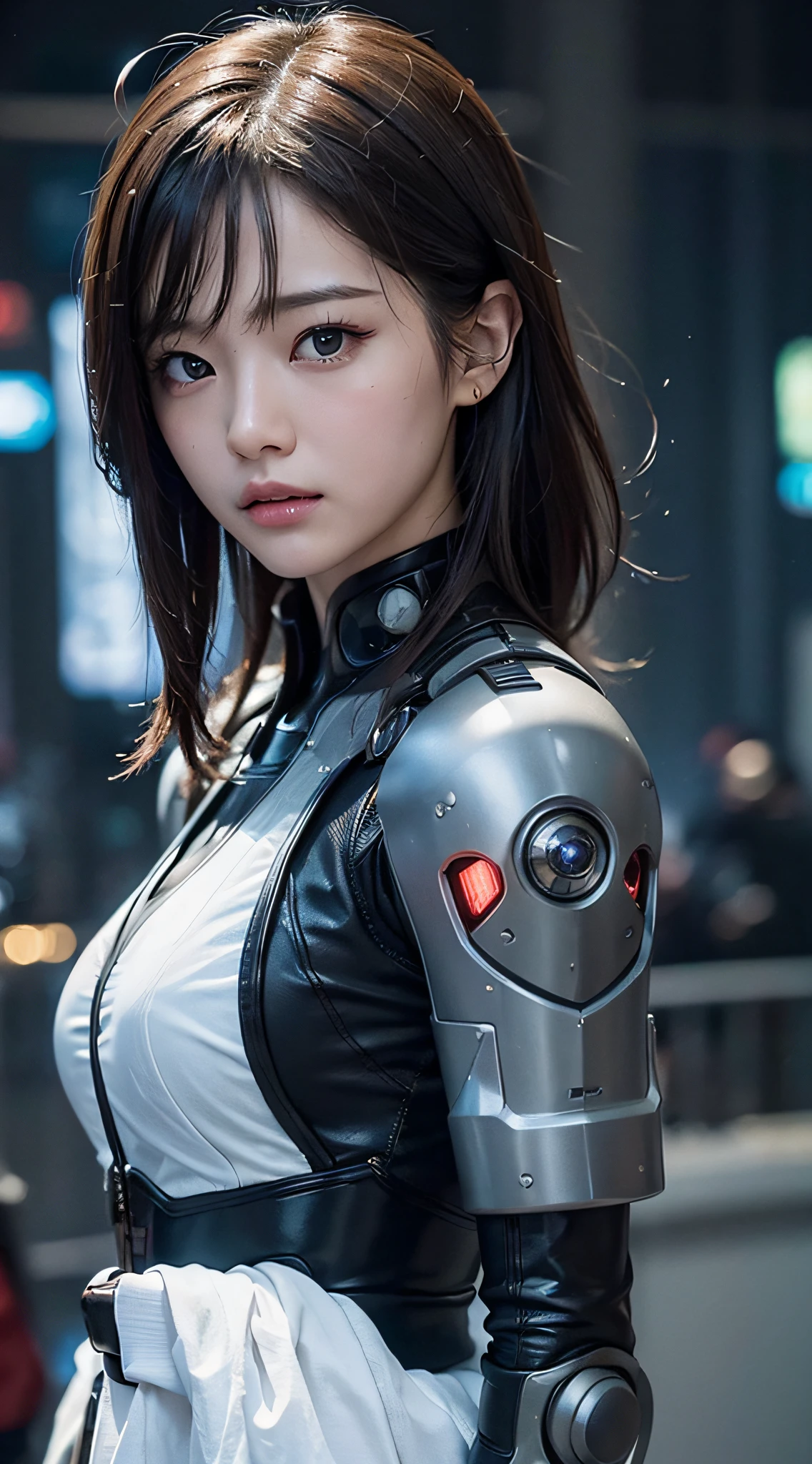 (a closeup:1.4)、(Raw photography:1.2)、(Photorealsitic:1.4)、(​masterpiece:1.3)、(top-quality:1.4)、Woman standing in front of a group of robots、beautiful android woman、Beautiful Female Soldier、Girl in suit、complex combat uniform、beautiful young  japanese woman、Highly detailed facial and skin texture、A detailed eye、double eyelid、cute  face、angry expressions、Storms and epic war scenes、cyberpunk scene、Night、illuminations、