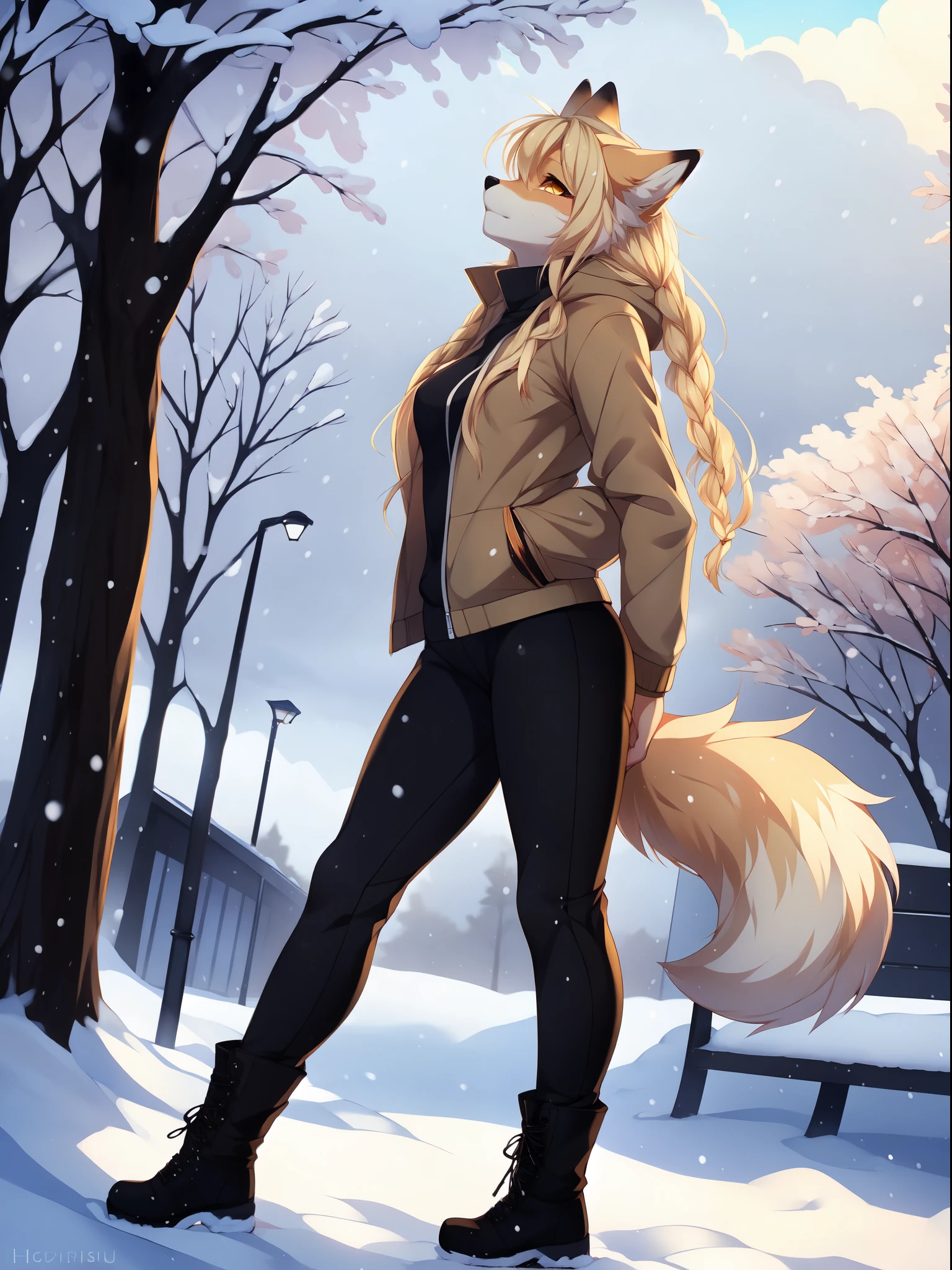 Solo, Kimiko, tan anthro furry fox girl, yellow eyes, long wavy blonde hair, fox ears, blonde fox tail, wearing fur trimmed jacket, black yoga pants, brown combat boots, hands in her pockets, head tilted up, looking up at the sky,    Cloudy day, standing in a park, it is snowing, snow on the ground, heavy snow, looking content, side view, by fumiko, by hioshiru