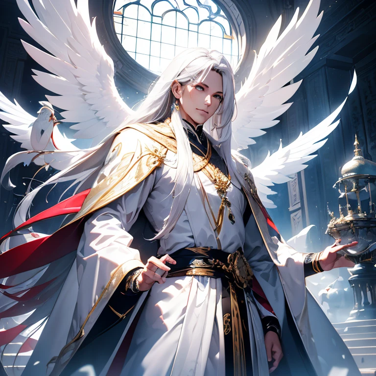 tmasterpiece), (Best quality at best), (Complicated details), Profesional photogarpher, 4K, HighDynamicRange, 1人, 详细的脸, Fengshin, White robe, angelicales, Long white hair, silver sword, large wings,