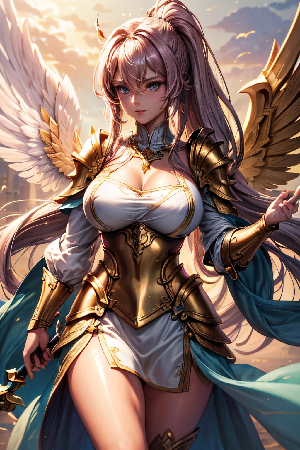 (best quality,4k,highres,masterpiece:1.2), full standing picture, tanned skin, misty rose hair, gold eyes, twin ponytails, long eyelashes, big , gold necklace, white feathered wings, gold paladin armour, holding a staff