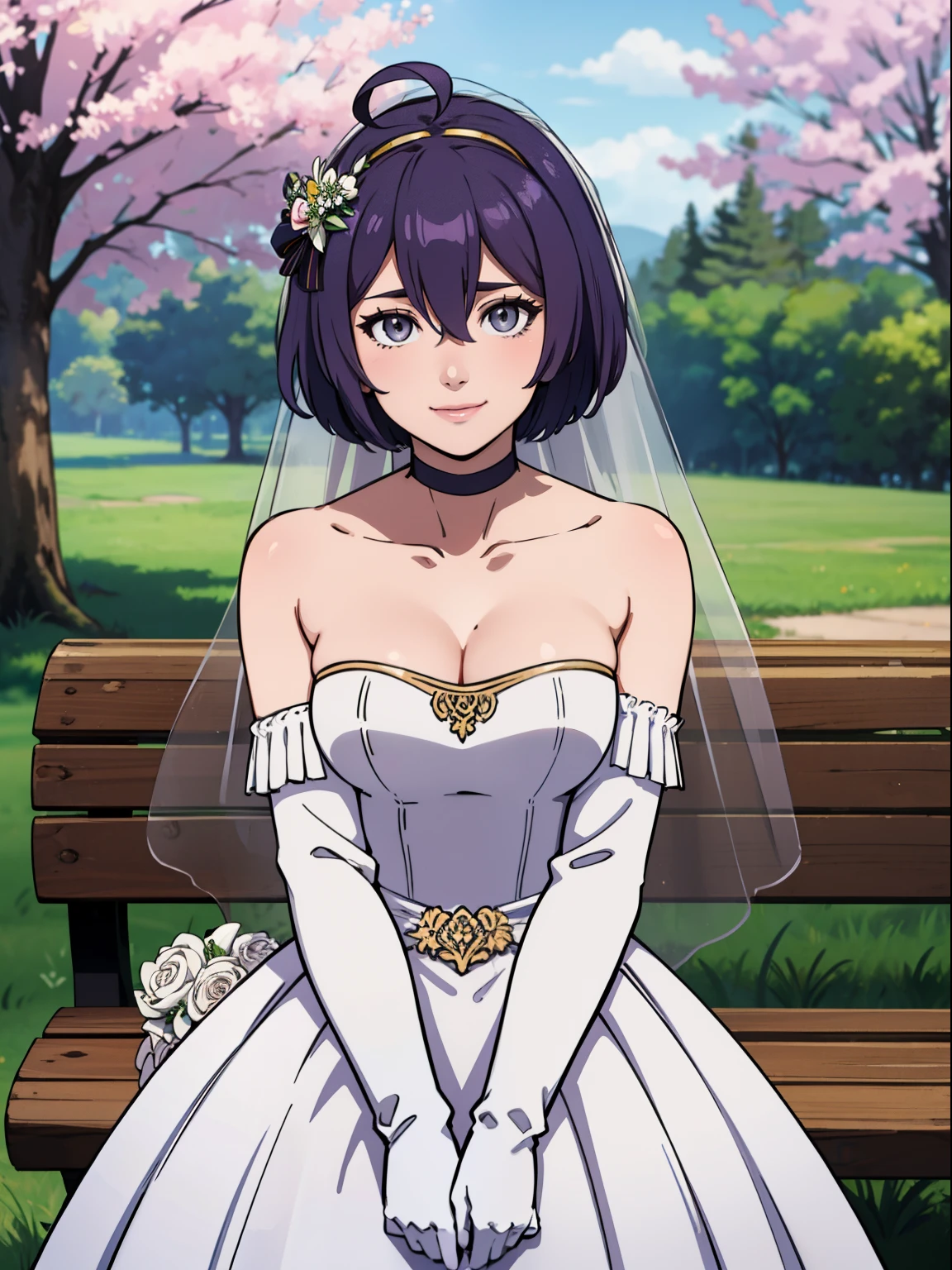 warBernie, hair bow, purple hair, grey eyes, hair between eyes, ahoge, hair ornament, gloves, dress, cleavage, bare shoulders, collarbone, white oprea gloves, white gloves, white dress, strapless, white choker, tiara, veil, strapless dress, wedding dress, bridal veil, beautiful woman, perfect body, perfect breasts, wearing a wedding dress, ball gown, in the park trees, wedding decorations, looking at the viewer, warm smile, realism, masterpiece, textured skin, super detail, high detail, high quality, best quality, 1080p,