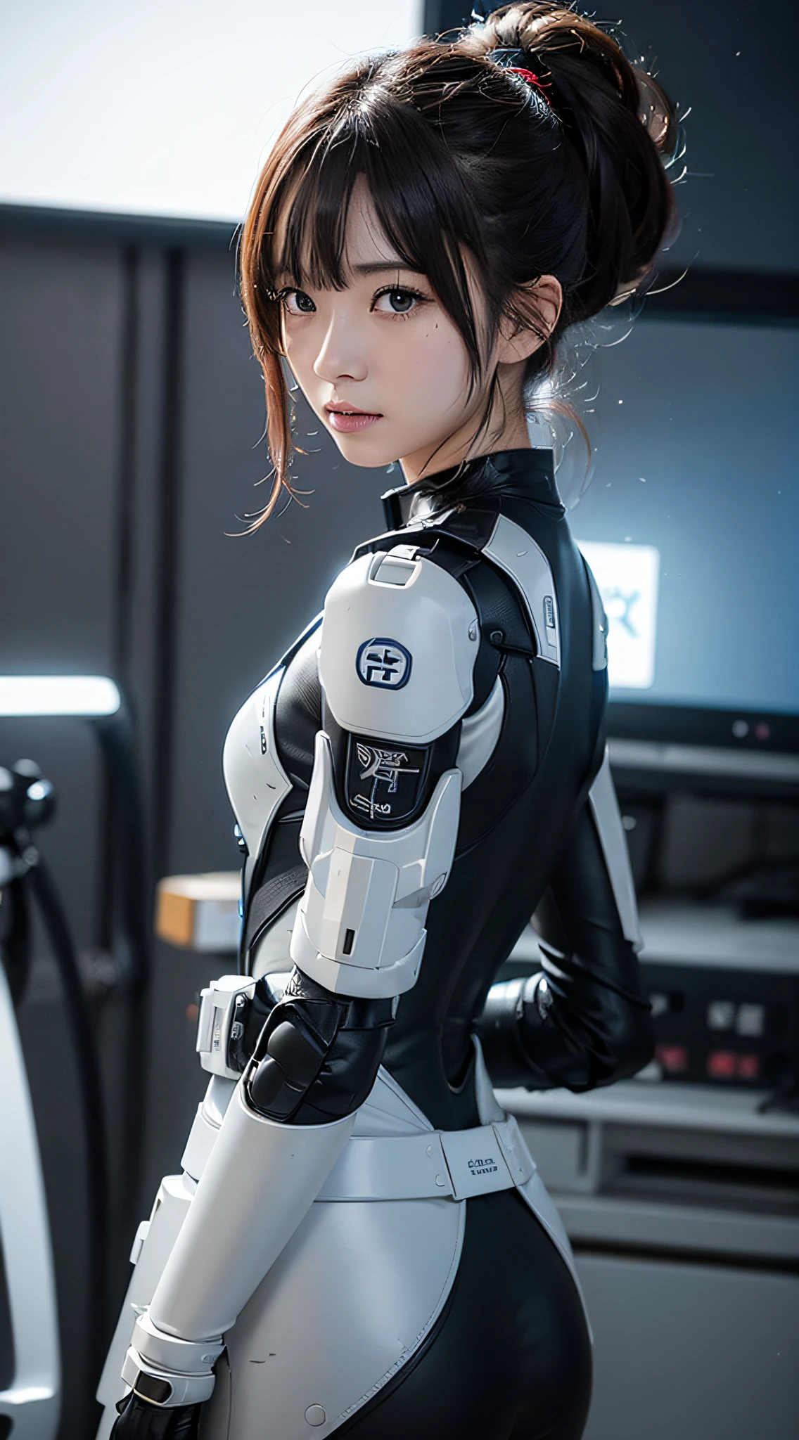 (a closeup:1.4)、(Raw photography:1.2)、(Photorealsitic:1.4)、(​masterpiece:1.3)、(top-quality:1.4)、Woman standing in front of a group of robots、beautiful android woman、Beautiful Female Soldier、Girl in suit、complex combat uniform、beautiful young  japanese woman、Highly detailed facial and skin texture、A detailed eye、二重まぶた、cute  face、(Twin-tailed:1.2)、(FULL BODYSHOT)、cowboy  shot、angry expressions、Storms and epic war scenes、cyberpunk scene、Night、illuminations、plugsuit、