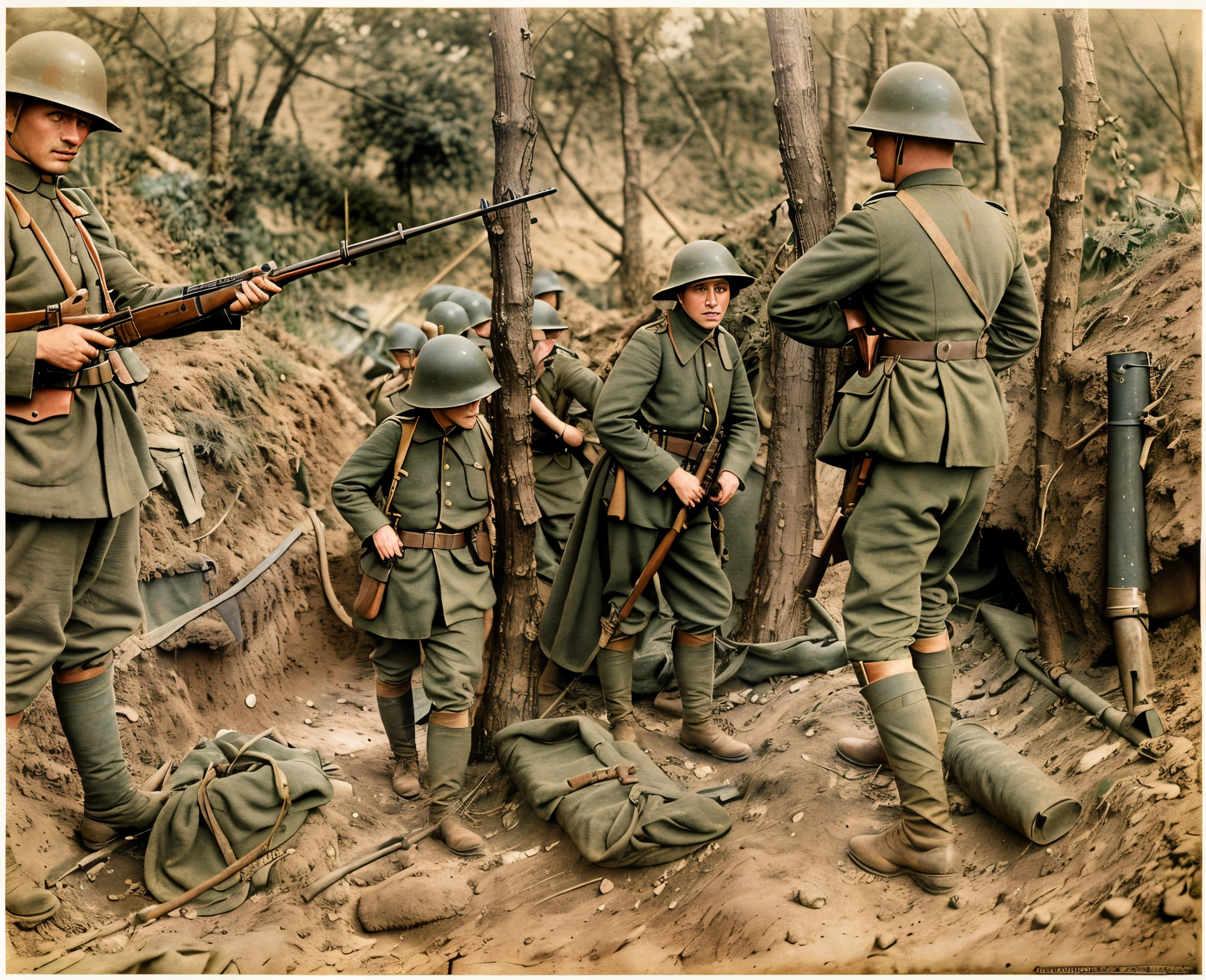 soldiers in uniform standing around a woman in a trench, ww1 film photo, ww1 photo, taken on a ww 1 camera, colourized, fight ww 1, colourised, world war one, ww 1, ww1, ww1 trench, award winning colorized photo, colorized photograph, wwi, first world war, war photo, war photography