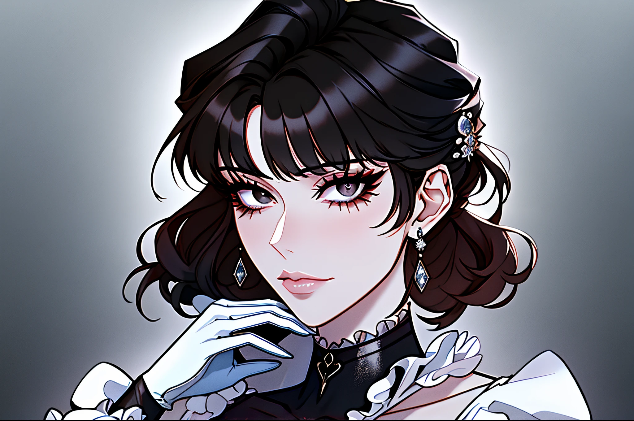 Shoujo style, Aesthetic background, Romance Manhwa, 1girl, Dark hair, 独奏, Bob hairstyle, villain, Aqua dress, gloves, long sleeves, Choker, Black Eyes, mascara, makeup, white gloves, Jewelry, looking a viewer, whitebackground, 鎖骨, puffy sleeves, Silver Accessories, upper-body, frills, Bangs, closed mouth, 詳細な目, (close up), pale skin