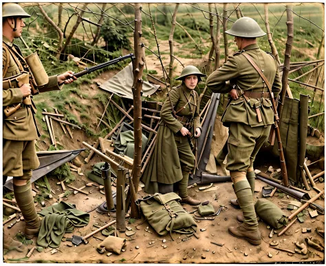 soldiers in uniform standing around a woman in a trench, ww1 film photo, ww1 photo, taken on a ww 1 camera, colourized, fight ww...