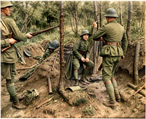 soldiers in uniform standing around a woman in a trench, ww1 film photo, ww1 photo, taken on a ww 1 camera, colourized, fight ww...