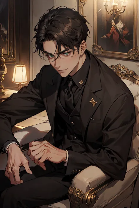 ((One young man with a black suit and tie)), alejandro, (((one side swept dark short neat hair))), ( green eyes and thick eyebro...