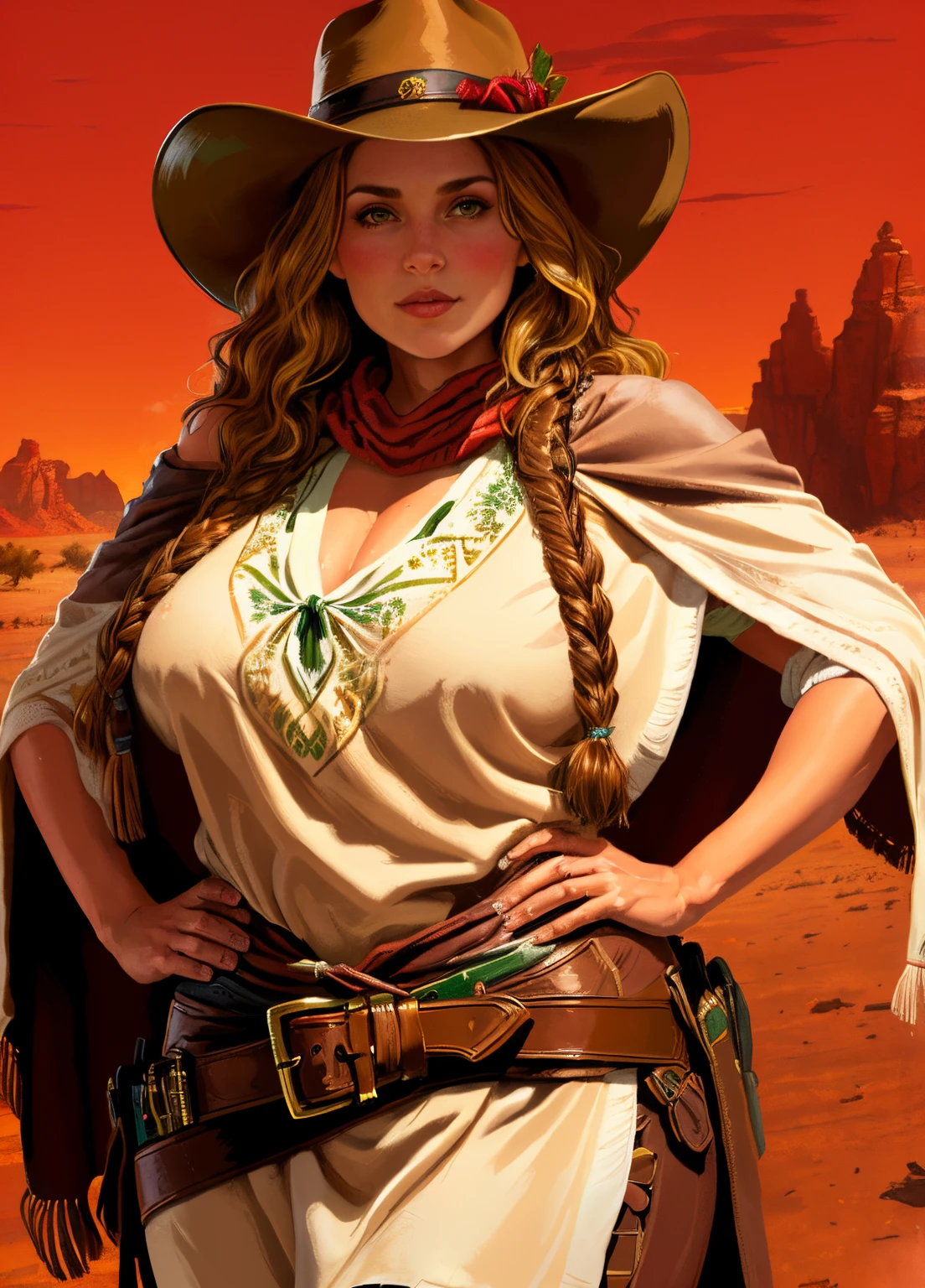 R3DD34Dstyle, digital painting, a young curvy and homely woman with green eyes and long brown wavy hair that is framing her face, heart-shaped face, beautiful white smile, looking at the camera cowboy hat, dark brown gun belt with a revolver holstered at the hip, (bright brown poncho:1.3), in the desert, (red sky:1.3)