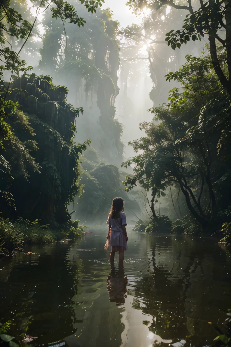 little adventurer girl，river in the fog, mystical forest lagoon, dreamy scene, Indonesia National Geographic, in a serene landscape, Mystical scene, Mysterious lake, Beautiful Vietnamese jungle, mystical setting, beautiful setting, serene environment, Early morning light, stunning atmosphere, morning river, enchanting and otherworldly, lost in a dreamy fairy landscape, lots of flower