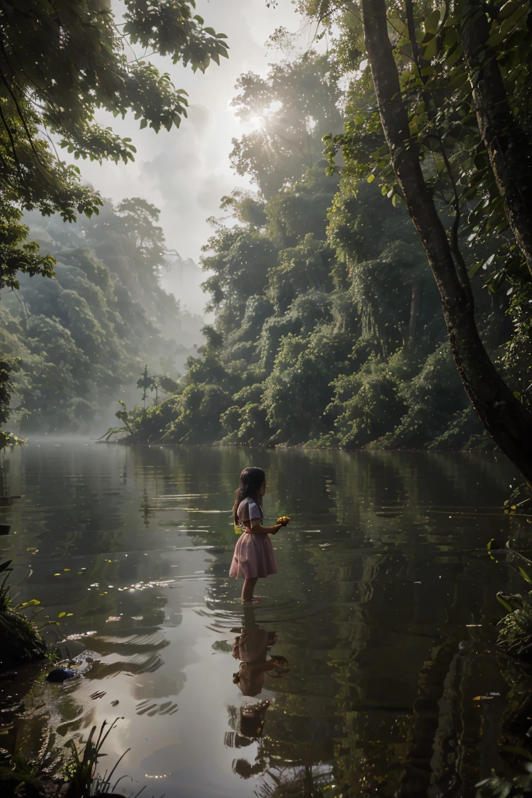 little adventurer girl，river in the fog, mystical forest lagoon, dreamy scene, Indonesia National Geographic, in a serene landscape, Mystical scene, Mysterious lake, Beautiful Vietnamese jungle, mystical setting, beautiful setting, serene environment, Early morning light, stunning atmosphere, morning river, enchanting and otherworldly, lost in a dreamy fairy landscape, lots of flower