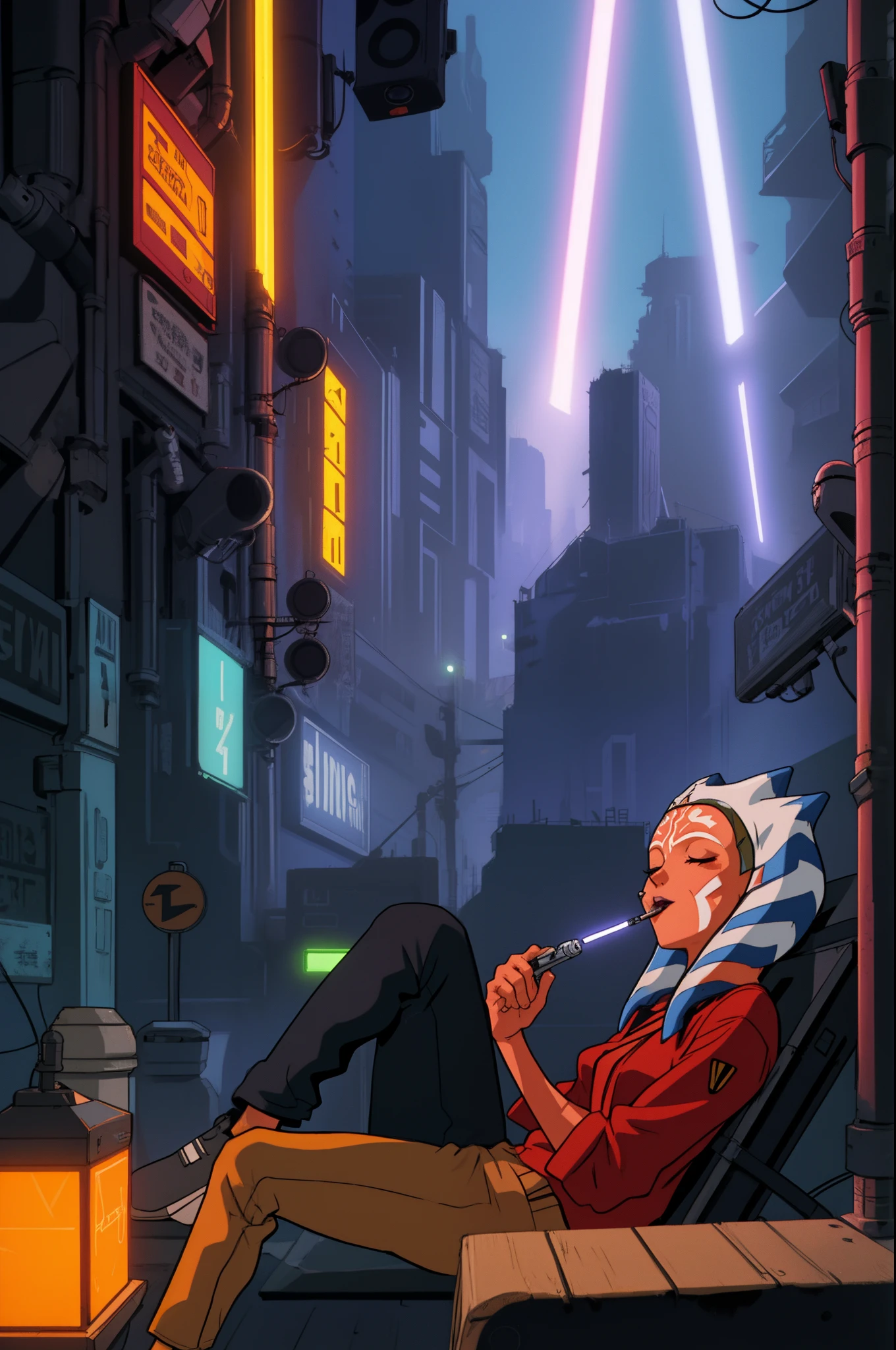 warm neon glow lights  citypop JDM scene with a underground tokyo  ahsoka_tano, orange skin, facial mark, tattoo with lightsaber  stoned smoking cig biss blissful passed out in loose causal clothing casual recline in cyberpunk city lofi vibe  evangelion anime style