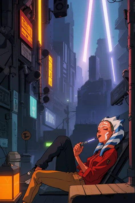 warm neon glow lights  citypop JDM scene with a underground tokyo  ahsoka_tano, orange skin, facial mark, tattoo with lightsaber...