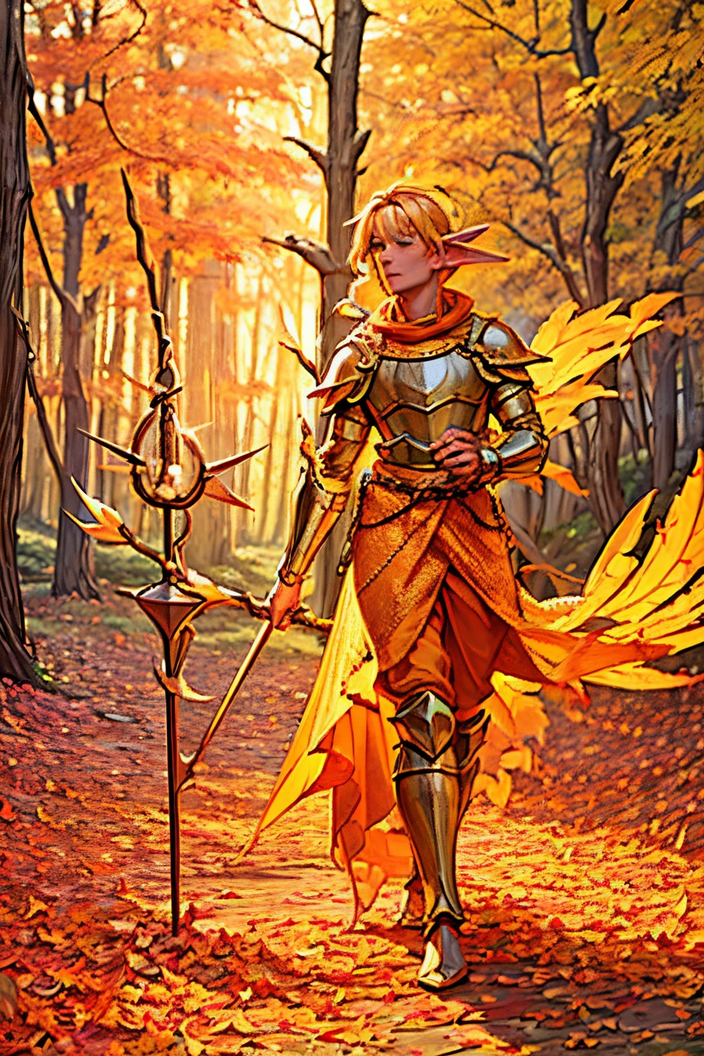 (best quality,4k,8k,highres,masterpiece:1.2) ultra-detailed, male, elf, orange skin ,autumn, wizard, chain mail armour, enchanted staff, spellcasting, enchanted forest, falling leaves