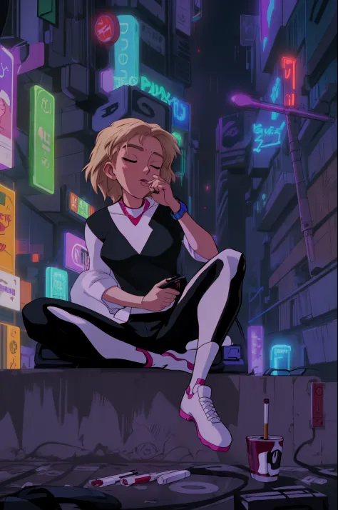 warm neon glow lights citypop JDM scene with a underground tokyo gwen stacy stoned smoking cig biss blissful passed out in loose causal clothing casual recline in cyberpunk city lofi vibe evangelion anime style