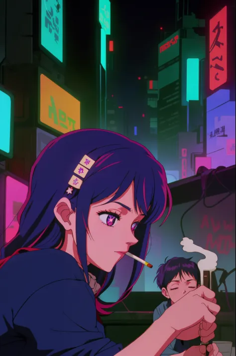 warm neon glow lights citypop JDM scene with a underground tokyo Hoshino Ai, long hair, purple hair, streaked hair ,purple eyes, star-shaped pupils, hair ornament, stoned smoking cig biss blissful passed out in loose causal clothing casual recline in cyber...