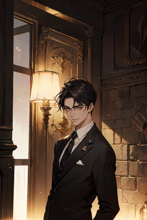 ((One young man with a black suit and tie)), alejandro, (((one side swept dark short neat hair))), ( green eyes and thick eyebro...