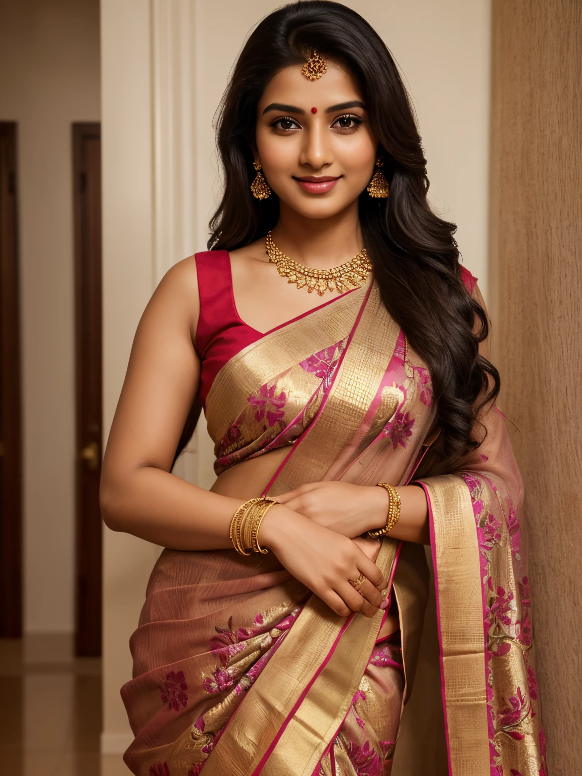 (masterpiece, high quality, HD, 32k, 64k), portrait of 25 year old extremely beautiful Tamil girl, (cute smile:0.6), (look at viewer), (fully clothed:1.6 floral saree, designer blouse, petticoat), (leaning:1.6 against the wall), inside the living room, soft colors, bright lighting, cinematic effects, backlit, shining skin, very long black hair, (arms crossed:1.6), (bangles, thin necklace, ear stud, wrist watch), (extremely beautiful:1.2 face & ears & cheeks & nose & lips & neck & hands & arms & 5 fingers & body parts & skin & curves), (background:1.6 wallpapers, tube lights, ceiling fan, door, windows, sofa, showcase, TV ), (full body shot :1.6 from bottom)