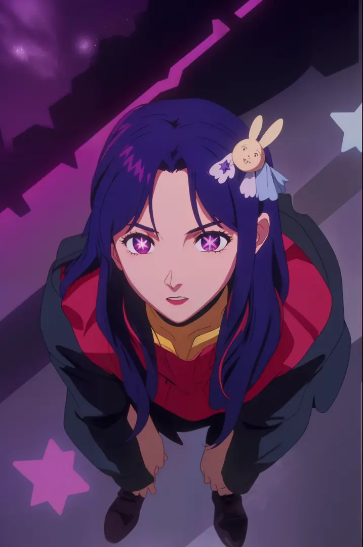 fullbody Hoshino Ai, long hair, purple hair, streaked hair ,purple eyes, star-shaped pupils, hair ornament, evangelion anime style
